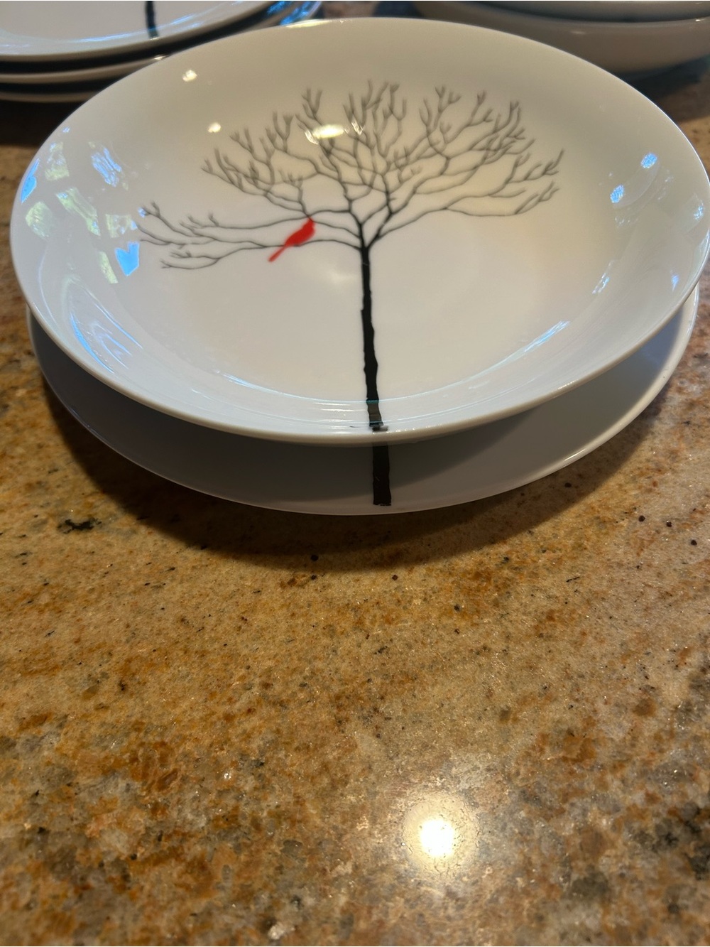 Melange Porcelain “Birds in Forest” Dinnerware. (4) Soup Bowls (4) Salad Plates. - Picture 3 of 10